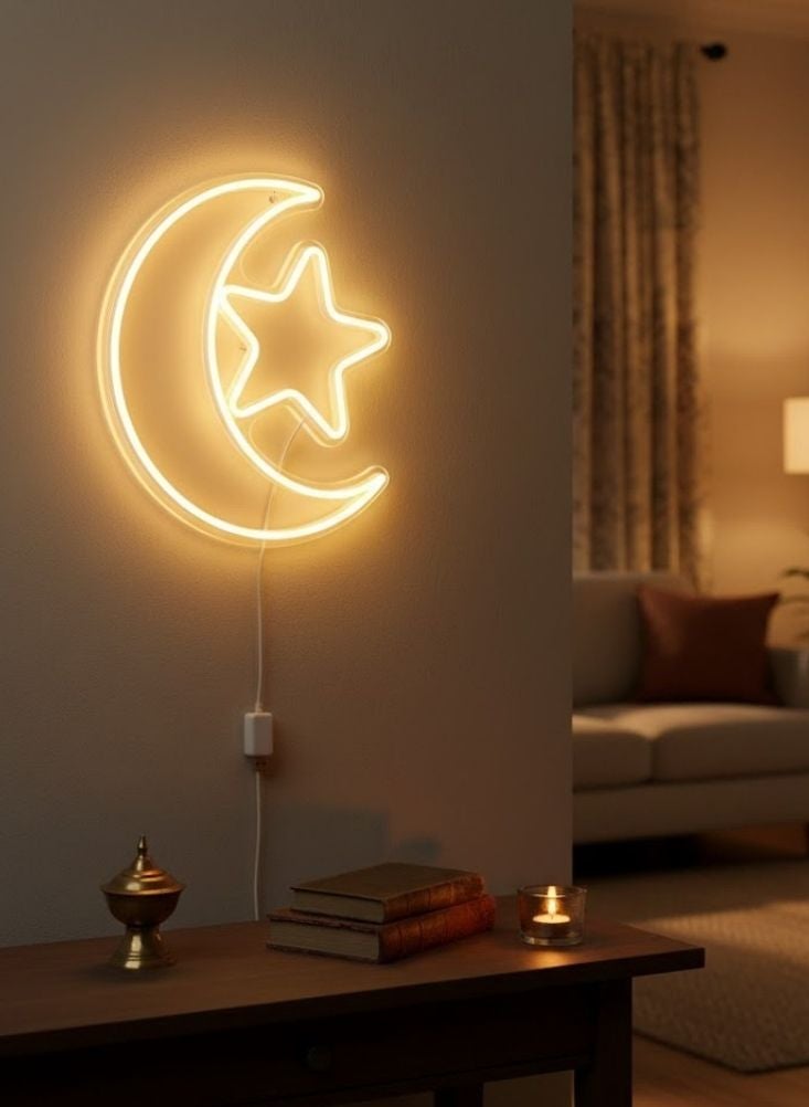 Premium Ramadan Neon LED Crescent Moon and Star Light Warm Yellow Glow Festive Home Decor - Image 2